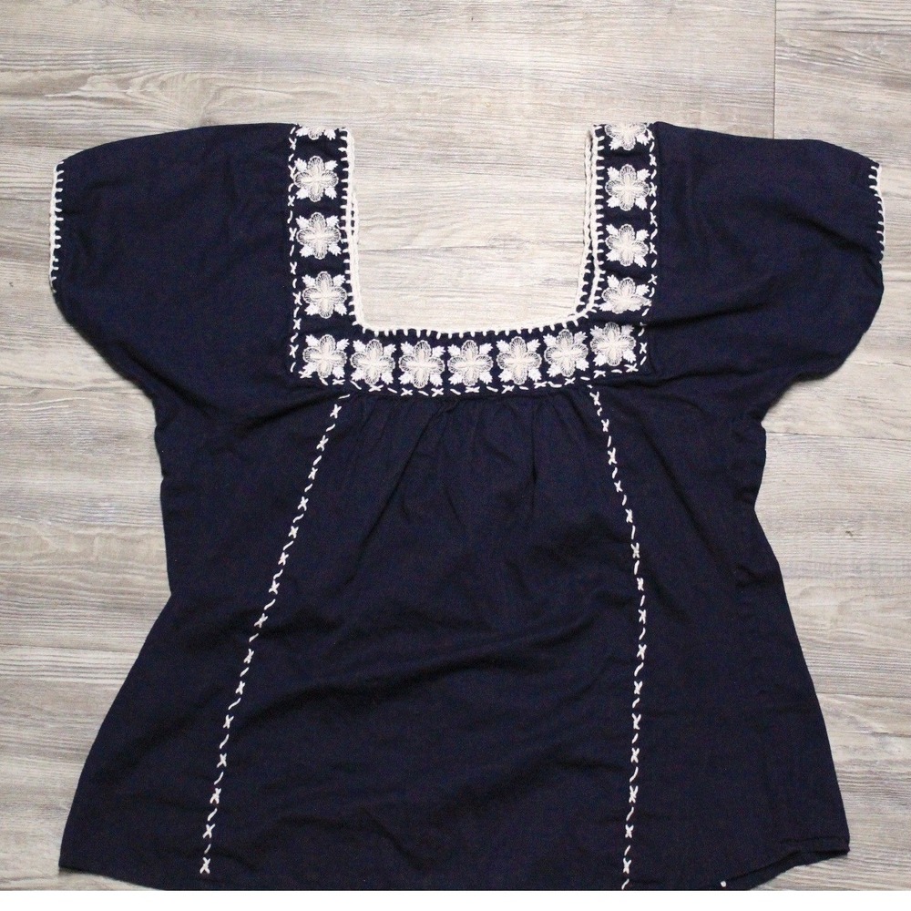 J.Crew Blouse Women's Sz Small Navy Blue Embroidered Cotton Peasant Square Neck